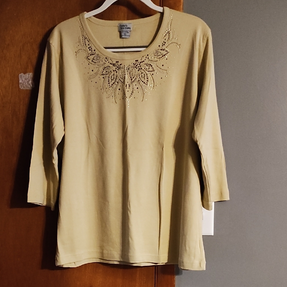Tan Relaxed Embellished 3/4 Sleeve Blouse